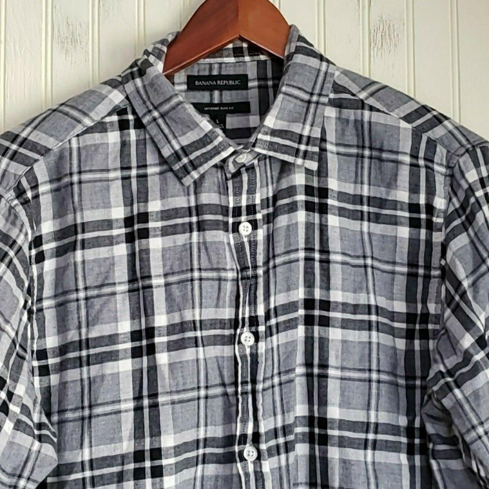 Banana Republic Shirt Mens Large Gray Plaid Long Sleeve Slim Fit Button-Up